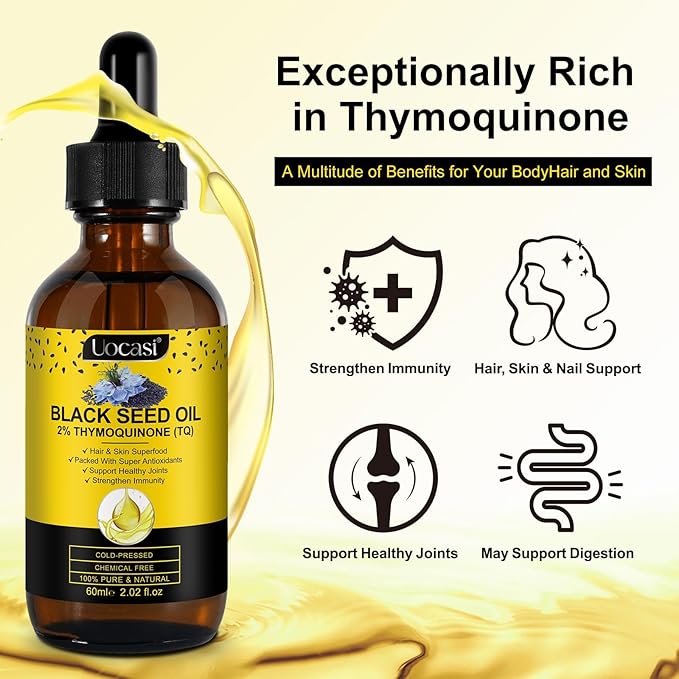 Uocasi Black Seed Oil, Cold Pressed, 100% Pure & Natural , Hair Growth & Skin Care, 2.02 Fl Oz