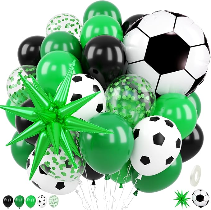 Soccer Balloons for Sports Party Decor | 12 Inch Black Green Soccer Printed by FEYG
