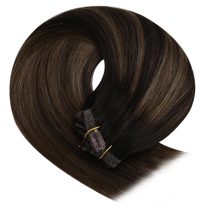 YoungSee Human Hair Clip in Extensions Balayage Human Hair Extensions Clip ins Dark Brown Mix Medium Brown Clip in Extensions Real Human Hair Soft Remy Hair 7Pcs 16In 120G
