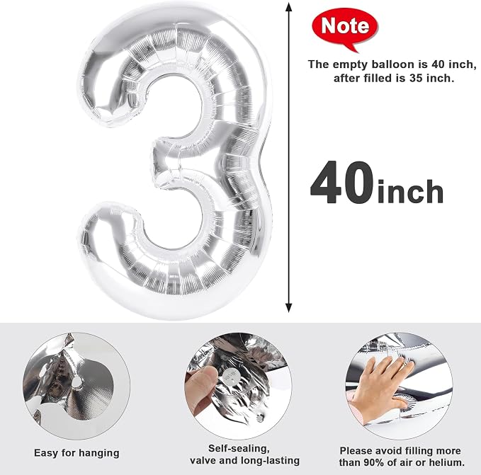 Large Number Balloons 40 Inch Silver 3 Balloon - Image 7