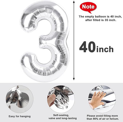 3 Balloon Numbers Party Decorations, 40In Silver Balloons - Image 7