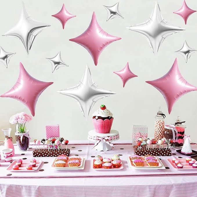 TONIFUL 30 Pcs Four Pointed Star Balloon 26In&10In Pink Silver Foil Balloon | - Image 3