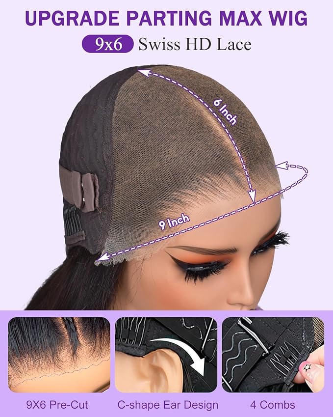 9x6 SKINLIKE Real HD Lace Closure Wig, Straight 180% Density 0.10mm Ultra-thin Swiss Lace Pre-plucked Bleached Small Knots With Baby Hair Natural Black Human Hair Wigs 24 Inch