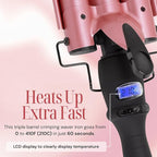 Alure Three Barrel Curling Iron Wand Hair Waver with LCD Temperature Display - 1 Inch Ceramic Tourmaline Triple Barrels, Dual Voltage Crimp (Rose Gold)