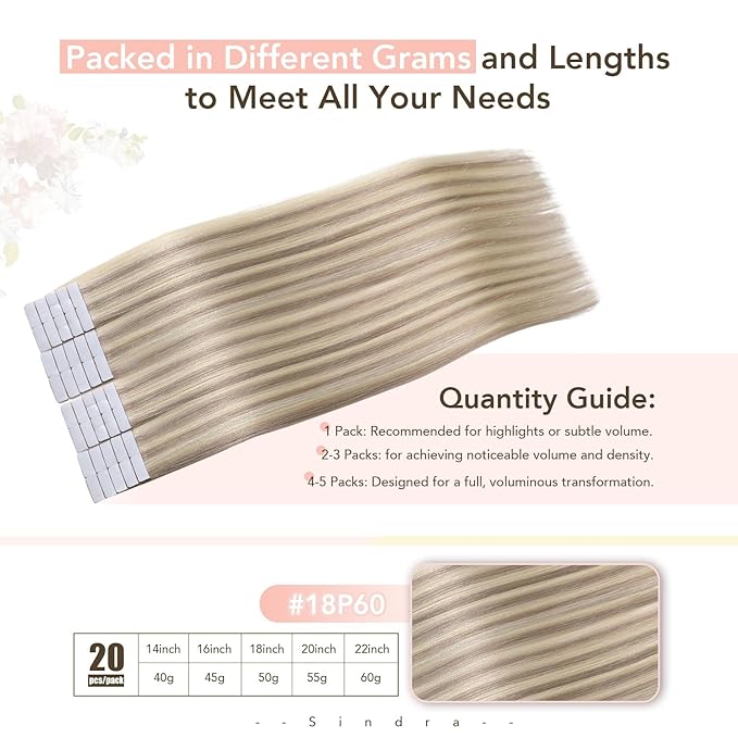Sindra Invisi Edge Tape in Hair Extensions Human Hair Dirty Blonde Highlighted Bleach Blonde 50g Injected Tape-ins Straight Seamless Invisible Extensions 18 Inch 20pcs