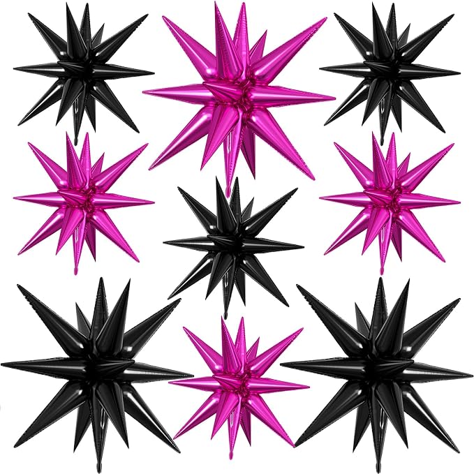 9Pcs Hot Pink and Black Star Balloons, Large Explosion Foil Balloons, Metallic by Dagelar