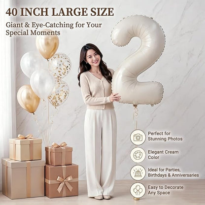CARGEN 40 Inch Creamy White Number 2 Balloon Boho Neutral Party Decoration | - Image 2