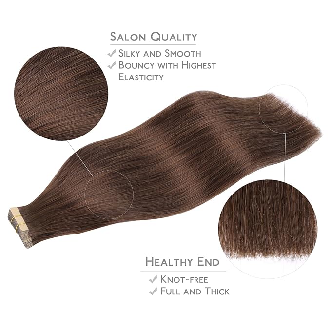 WENNALIFE Tape in Hair Extensions Human Hair, 20pcs 50g 22 inch Chocolate Brown Remy Hair Extensions Straight Human Hair Tape in Extensions Skin Weft Tape Extensions Human Hair
