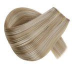 RUNATURE Wire Hair Extensions Real Human Hair, Fish Line Hair Extensions, Invisible Blonde Human Hairpieces, Add Volume, 12 Inch 70g #16P22 Dark Ash Blonde Highlight Light Blonde