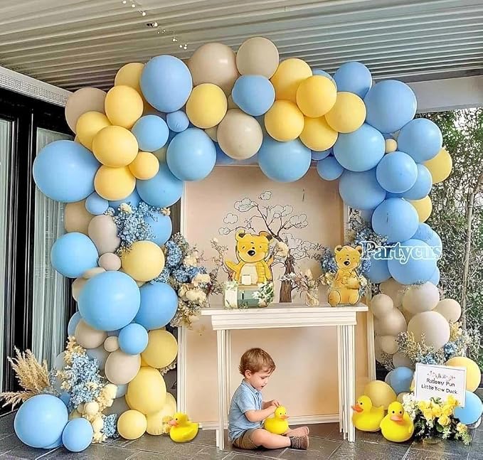 Blue Yellow Balloon Arch Kit Double Stuffed Light Yellow Pastel Blue White Sand - Image 2