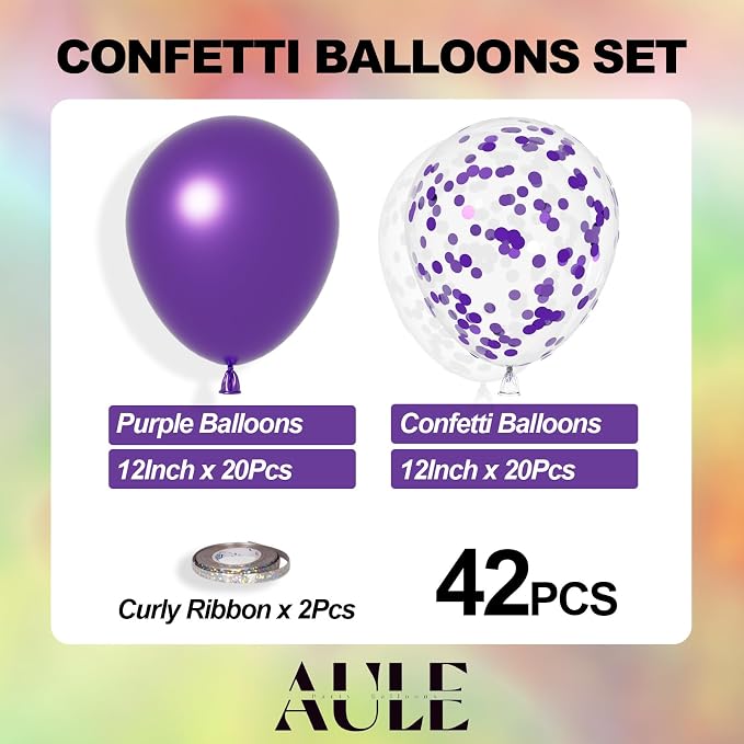 AULE 42Pcs Metallic 12 Inch Purple Confetti Balloons Set | Purple Party Balloons - Image 3