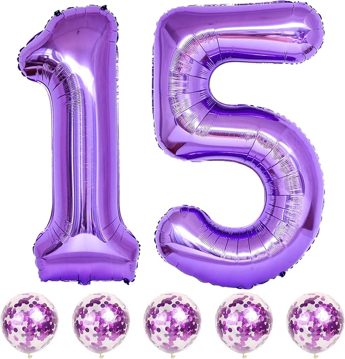 15th Birthday Balloons for Girls, 15 Inch Giant Purple Foil Number 15 Balloons by Lingqiang
