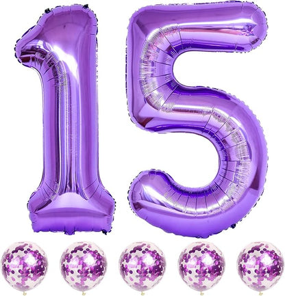 15th Birthday Balloons for Girls, 15 Inch Giant Purple Foil Number 15 Balloons by Lingqiang
