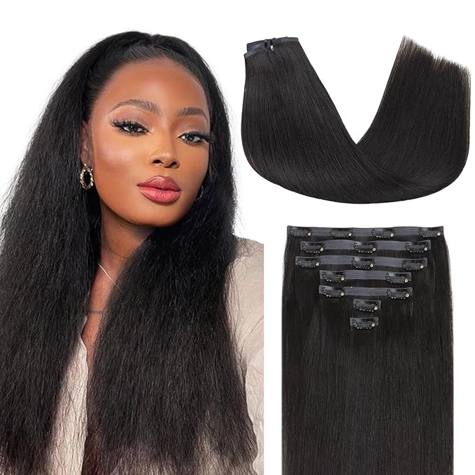 Lashey Yaki Straight Clip Ins 16 Inch 110g 7Pcs Seamless Hair Extensions Real Human hair, Natural Black Clip in Hair Extension for Women Real hair