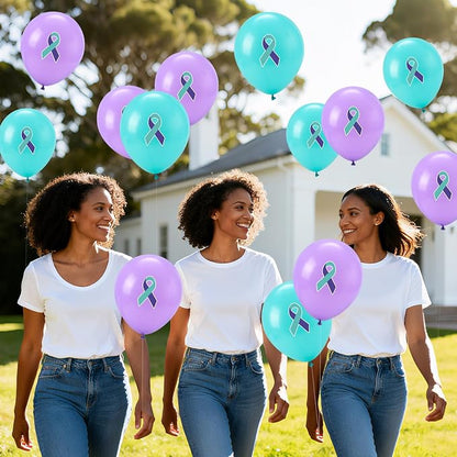 100 Pcs Suicide Prevention Awareness Balloons 12 Inch Teal and Purple Ribbon - Image 4