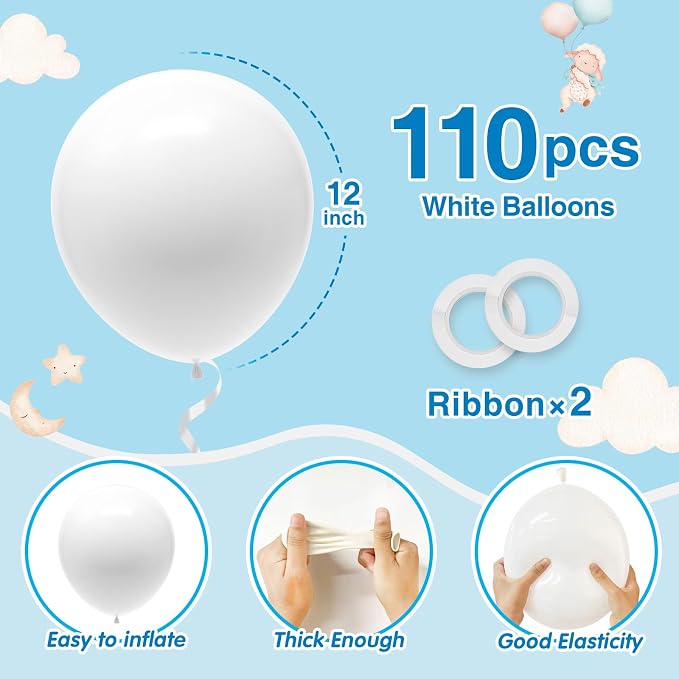 110pcs White Balloons 12 Inch White Latex Balloon Garland Arch Kit - Image 2