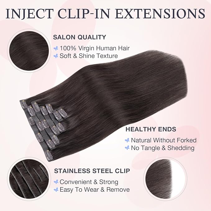DOORES Clip in Hair Extensions Real Human Hair 18 inch 120g 7pcs Invisible Human Hair Extensions Clip ins, Injected Seamless PU Clipins Virgin Invisi Edge Natural Straight, 2A Light Dark Brown