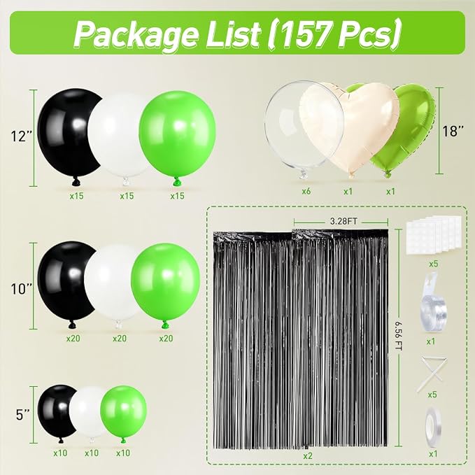 157Pcs Black White and Lime Green Balloons Garland Arch Kit - Image 2