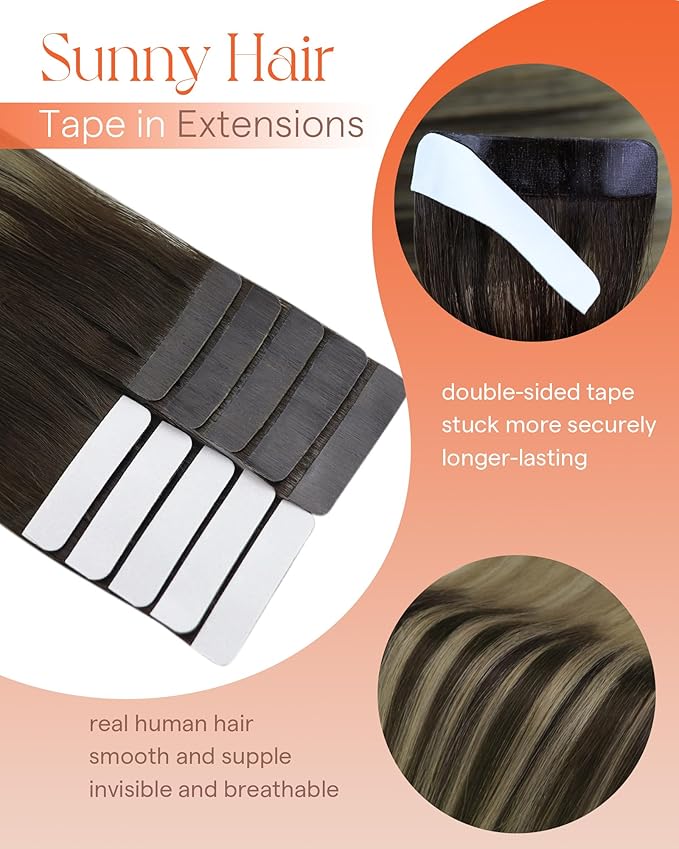 Sunny Tape in Hair Extensions Human Hair Dark Brown Balayage Blonde Hair Extensions Real Human Hair Tape ins 16 Inch Tape in Extensions 20Pcs 50g