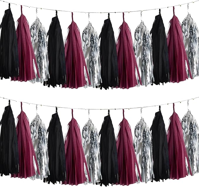 Burgundy Black Silver Tissue Paper Tassels Party Tassel Garland Banner by We+Moment