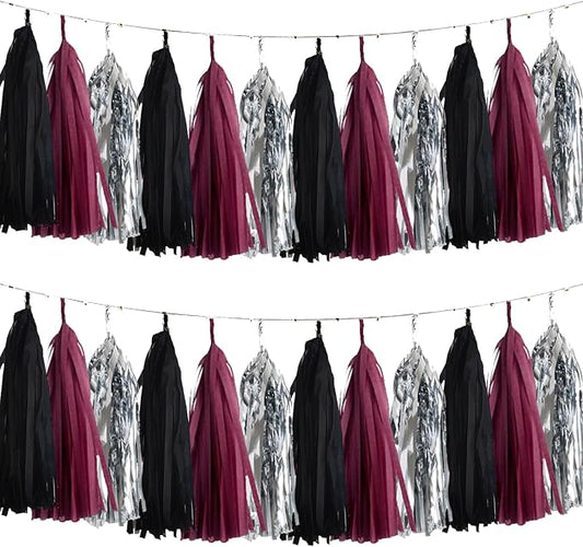 Burgundy Black Silver Tissue Paper Tassels Party Tassel Garland Banner by We+Moment