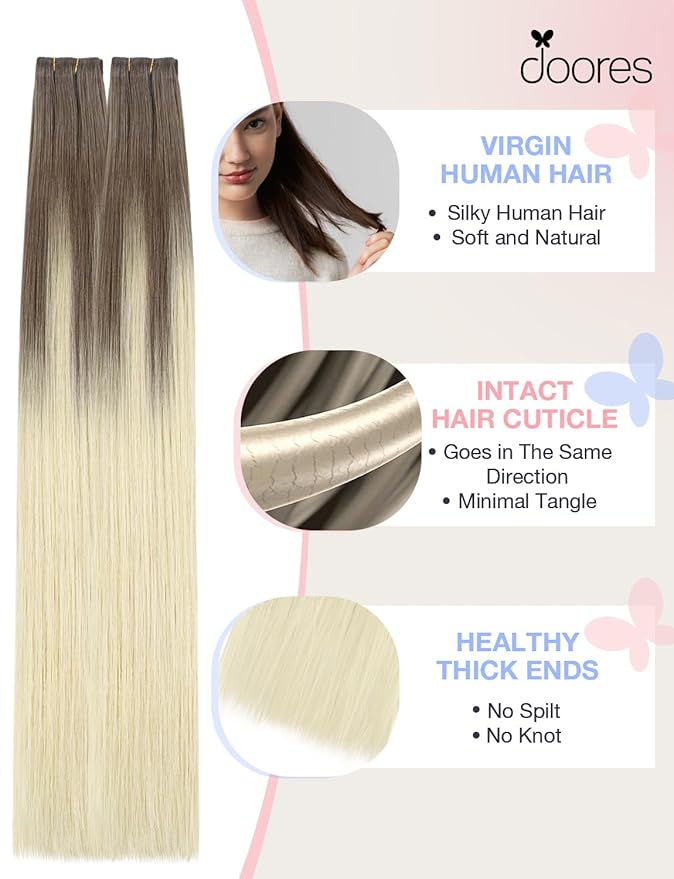 DOORES Invisi Edge Tape in Hair Extensions Human Hair, Ash Brown to Platinum Blonde 10 Injection Tape-ins with 10 Injection Tape-ins 50g 20 Inch, Virgin Tape in Extensions