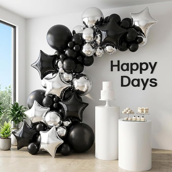 Black Silver Star Foil Balloons, 18 Inch Metallic Black and Silver Stars Balloon - Image 3