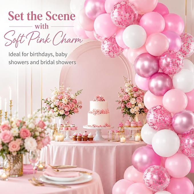 Biapian Pink & White Metallic Chrome Confetti Latex Balloons - Image 8