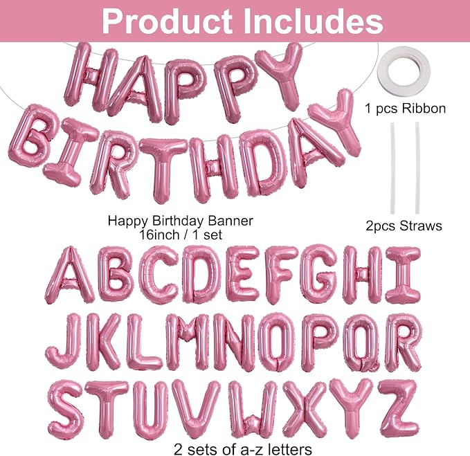 TONIFUL 65 Pcs 16 Inch Pink Happy Birthday Balloons and 2 Sets A-Z Foil Letters - Image 2