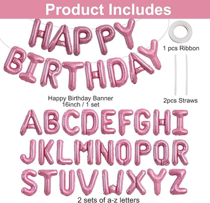 TONIFUL 65 Pcs 16 Inch Pink Happy Birthday Balloons and 2 Sets A-Z Foil Letters - Image 2
