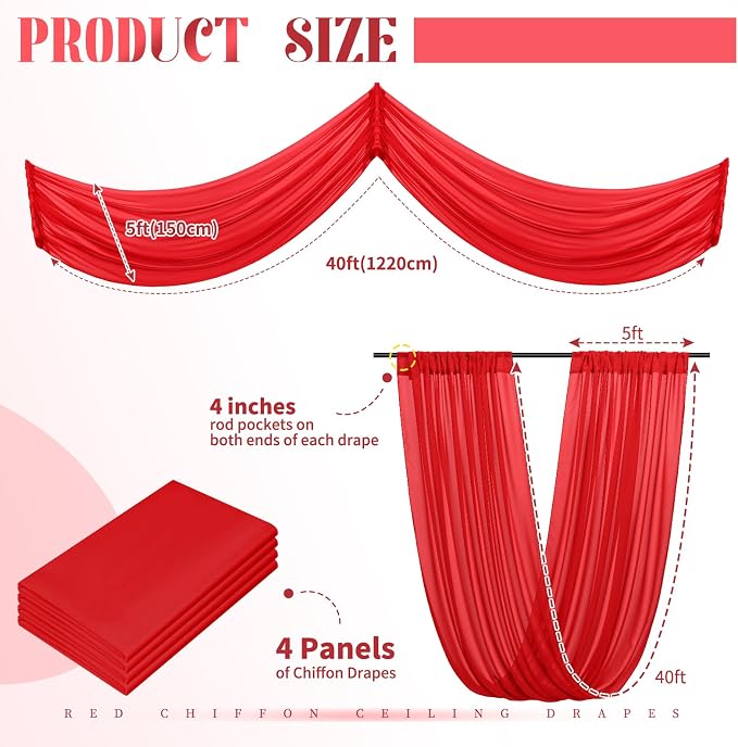 4 Panels Red Ceiling Drapes for Wedding Ceiling Drapes 5ftx40ft Wedding Arch - Image 2