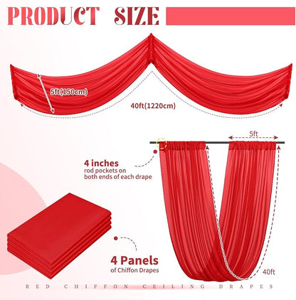 4 Panels Red Ceiling Drapes for Wedding Ceiling Drapes 5ftx40ft Wedding Arch - Image 2