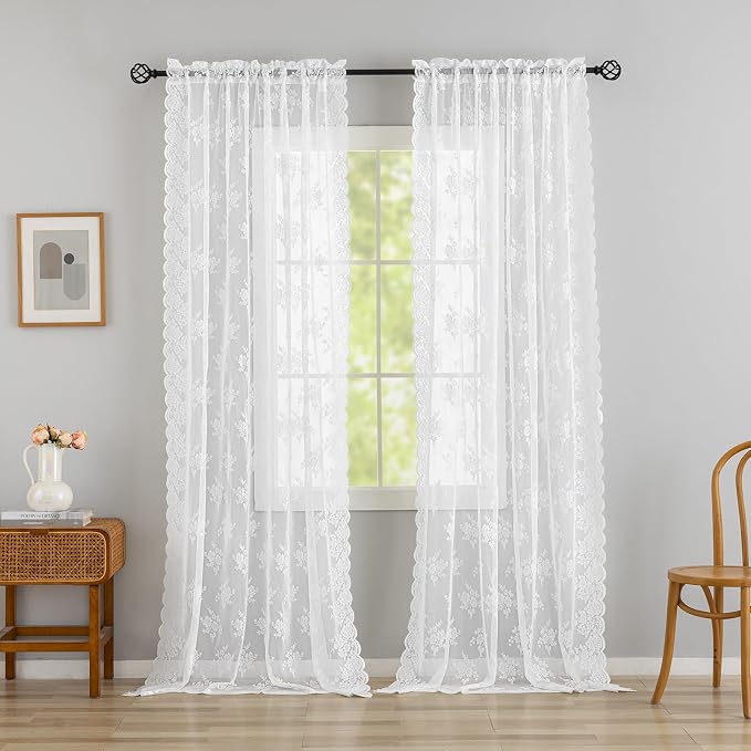 Kotile White Lace Curtains for Bedroom Rustic Floral 42 x 90 Inch, 2 Panels | - Image 8