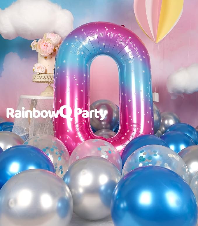 RainbowQ Blue Pink 0 Balloon Number 40 Inch Big 0-10 Foil Large Balloon | - Image 2