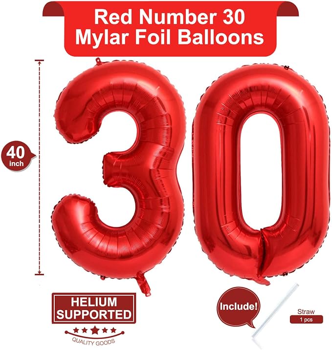 40 Inch Red Number 30 Balloons Giant 30 Balloons Red Dirty 30 Birthday Balloons - Image 2