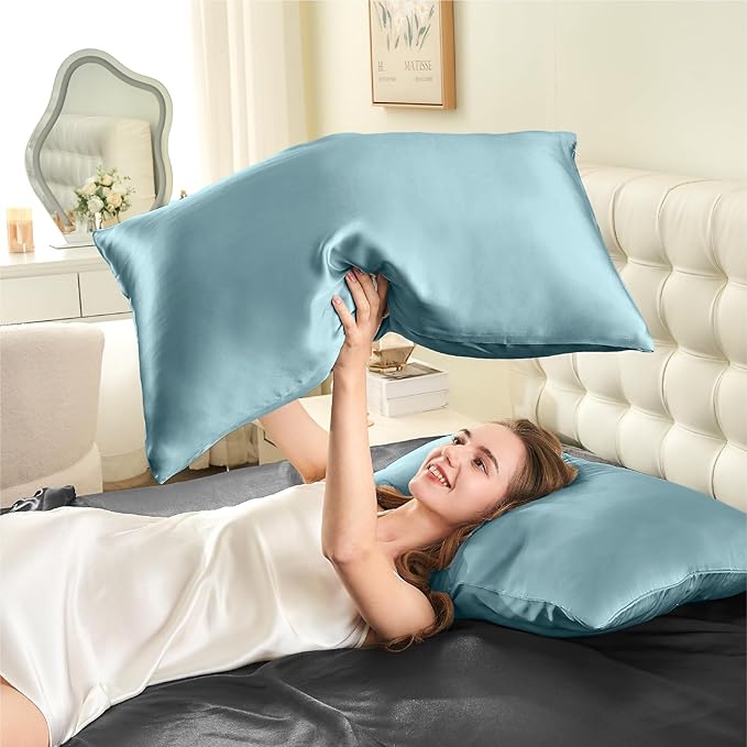 INFIIXSO Silk Pillow Cases 2 Pack Standard Size, Ultra Smooth & Soft Mulberry Silk Pillow Case for Hair and Skin, Breathable Cooling Silk Pillowcase with Hidden Zipper (Haze Blue, 20x26 Inches)
