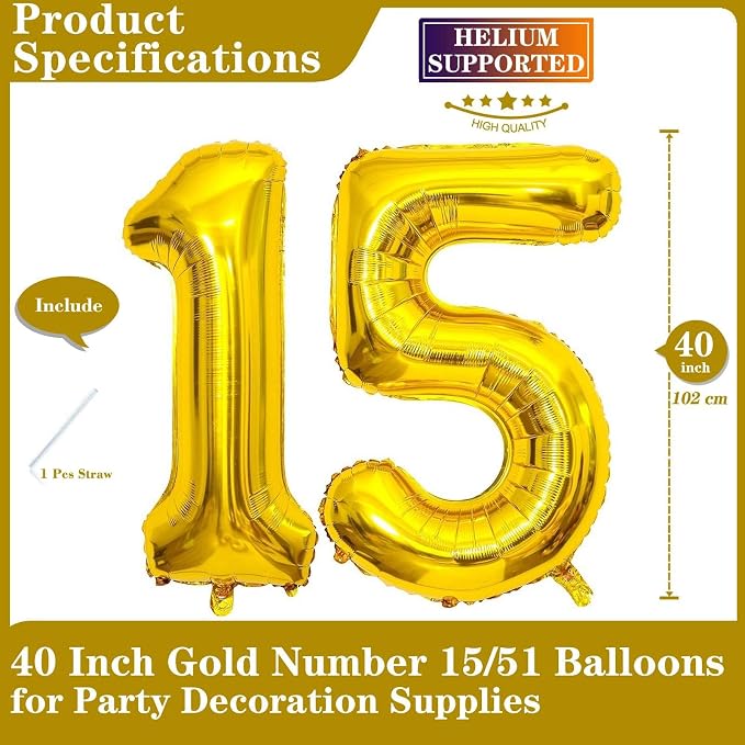 Gold 15 Number Balloons, 40 Inch Giant Number 15 Balloons Foil Mylar Helium - Image 2