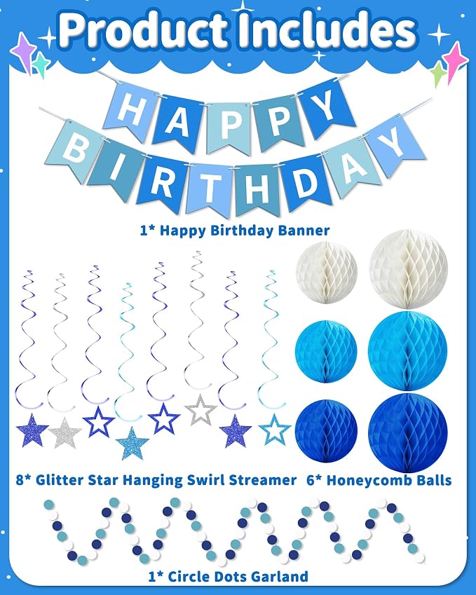 Blue Happy Birthday Decorations, Party Decorations Banners - Image 2