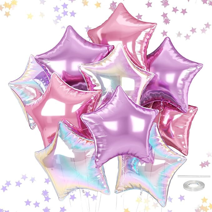Pink and Purple Star Balloons, 18 Inches Iridescent Star Foil Balloons by FEYG