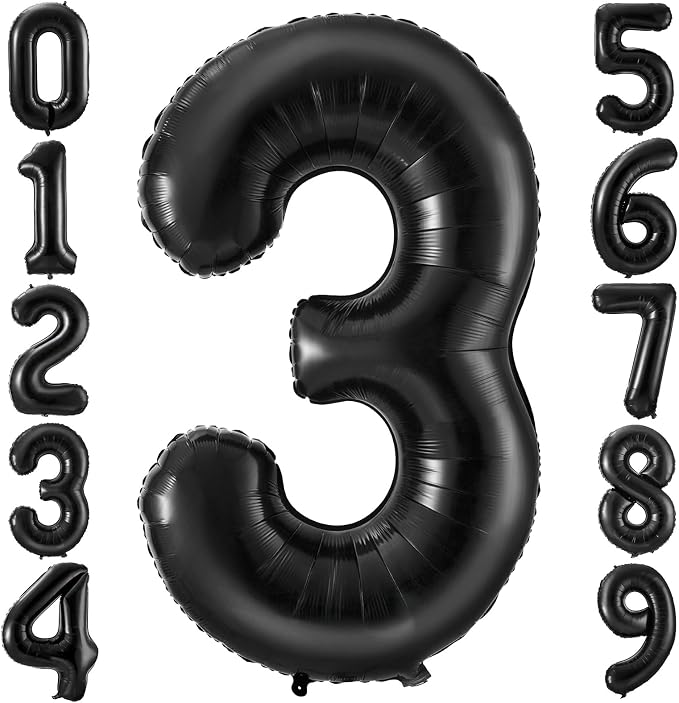 Black 3 Balloon Number, 40 Inch Number 3 Balloon Large Black 3 Foil Mylar by BBPOOL