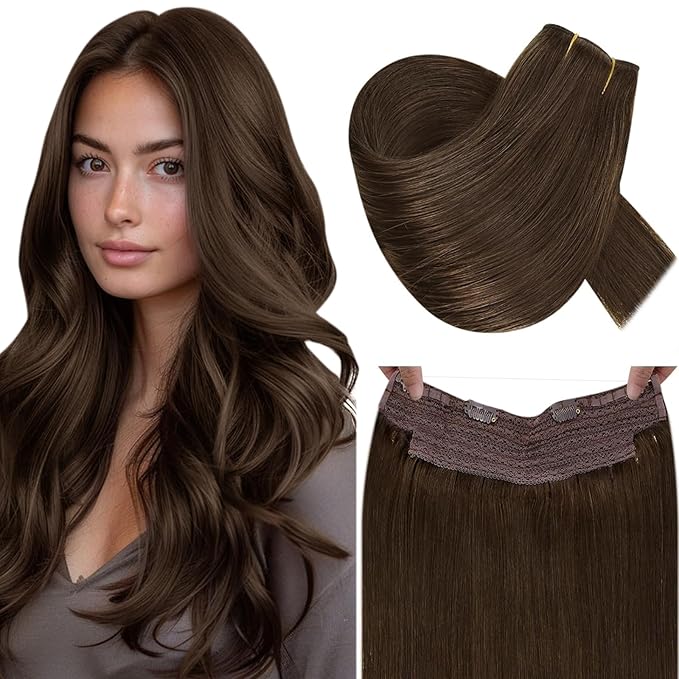RUNATURE Invisible Wire Hair Extensions Brown 18 Inch 80g One Piece Fish Line Hair Extensions Real Human Hair Straight Smooth Hair No Shedding Easy to Install #4