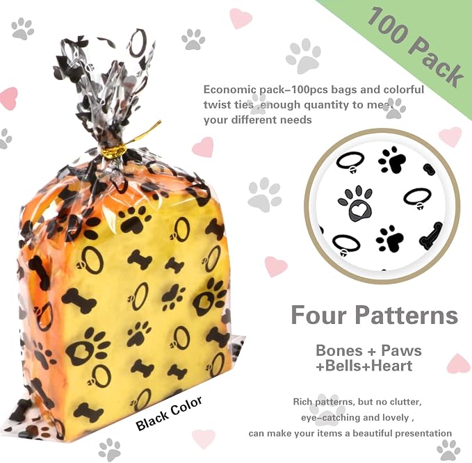 Coqofa 100 Pcs 6"X10" Dog Paw Bone Cellophane Treat Bags - Image 3
