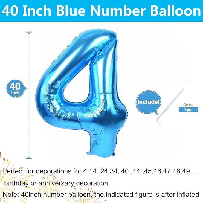40 inch Blue Number Balloon Giant Foil Helium Balloons Blue Number 4 Balloon - Image 2