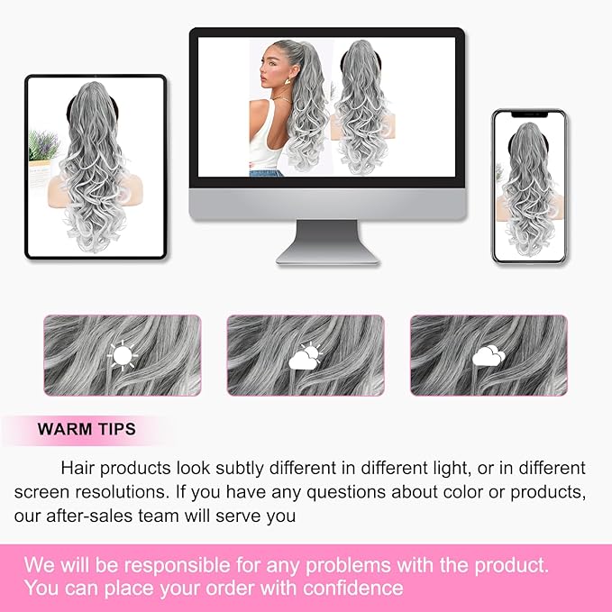 ALXNAN Ponytail Extension,24 Inch Claw Clip in Long Curly Wavy Grey with White Ends Ponytail Hair Extension Jaw Clip on Pony Tails Hairpiece for Women