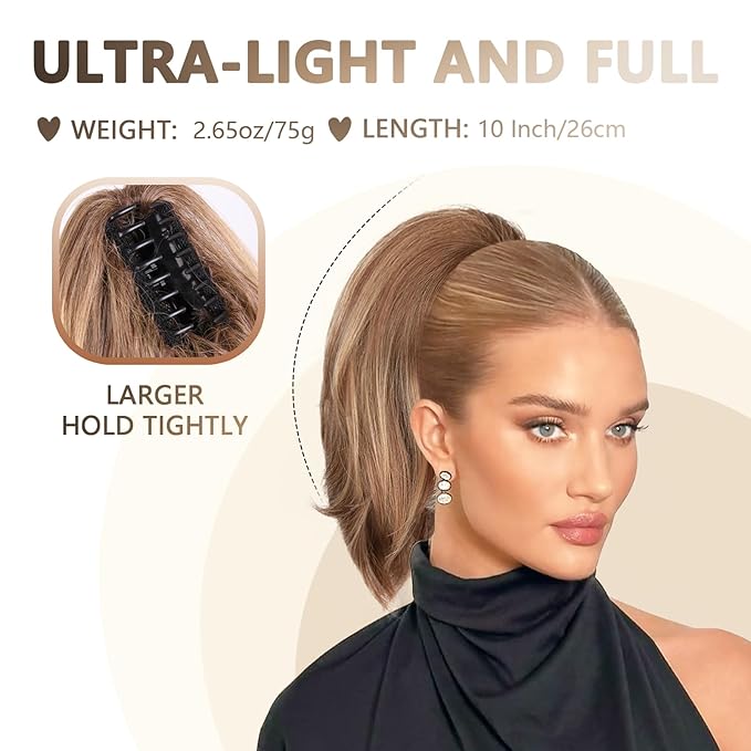 Clip on Ponytails for Women - 10 Inch Short Ponytail Extension, Straight Pony Tails Hair Extensions, Synthetic Hair Extensions Ponytail, Clip in Ponytail (Dark Blonde with Beige Blonde Highlights)