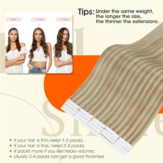 Full Shine Blonde Tape in Hair Extensions Color 16P22 Highlighted Remy Injected Tape in Extensions Bridal Hairstyles 22Inch Invisible Extension 50G 20Pcs Natural Straight Soft Skin Weft