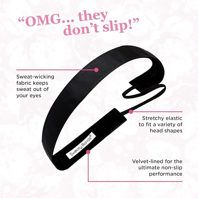 Sweaty Bands Womens Girls Headband - Non-Slip Velvet-Lined Exercise Hairband - Wicked Black 1-Inch