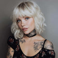 Short Ombre Blonde Bob Wigs for Women Wavy Blonde Wig with Bangs Ash Blond Wig Synthetic Hair Water Wave Medium Length Colorful Wigs（14 Inches）