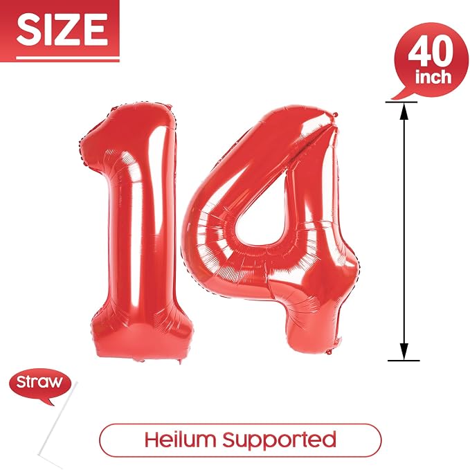 14 Balloon - Red Birthday Number Balloons, 40 Inch Decorations Men Women | Red - Image 5