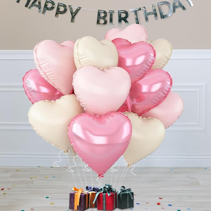 Pink Heart Balloons, 18inch Bright Pink Heart Shaped Foil Balloons & Pastel - Image 6